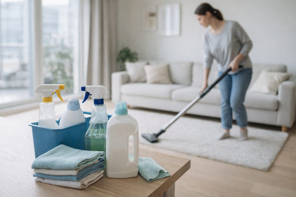 женщина убирает квартиру пылесосом товары для уборки бытовая химия весенняя уборка спрос e-commerce