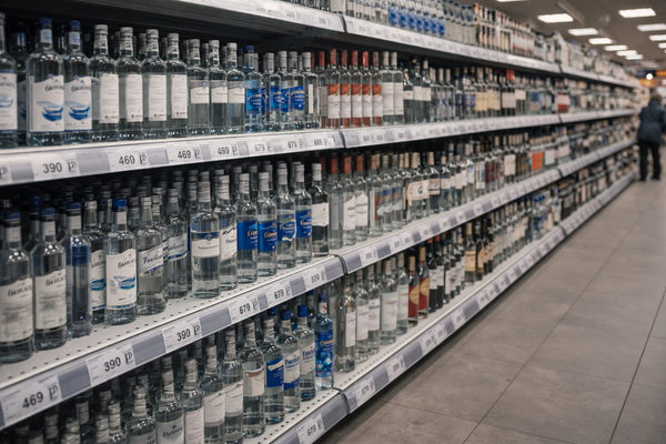 полка с водкой в супермаркете ценники на алкоголь рост цен розничная продажа Россия