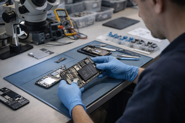Мастер сервисного центра тестирует плату смартфона в лаборатории восстановления электроники