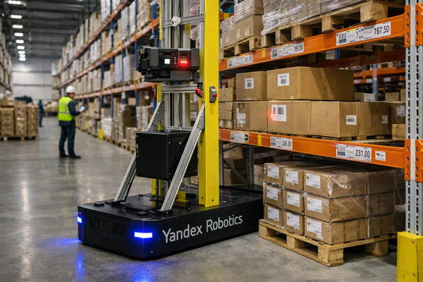 робот-инвентаризатор сканирует коробки на стеллажах распределительного центра — автоматизация складской логистики и контроль запасов