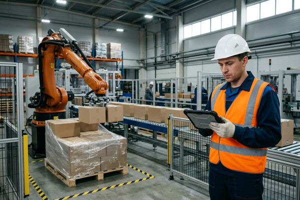 Инженер контролирует работу промышленного робота на упаковочной линии склада