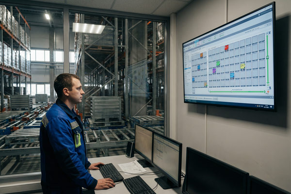 инженер управляет роботизированным складом через систему WCS на машиностроительном предприятии