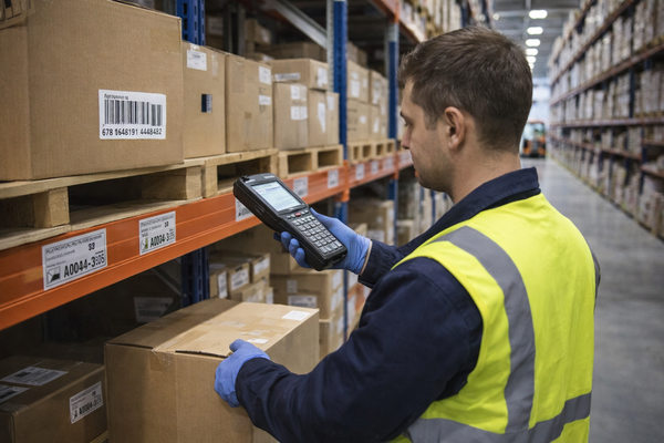 Сотрудник склада сканирует коробку терминалом сбора данных в системе WMS
