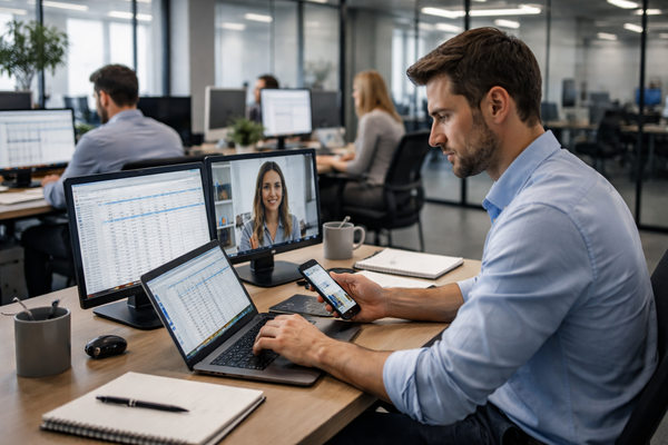 сотрудник офиса работает с несколькими устройствами одновременно, рост нагрузки и многозадачность без увеличения штата в бизнесе