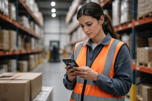 Сотрудник склада использует корпоративное приложение на смартфоне для управления задачами в логистике