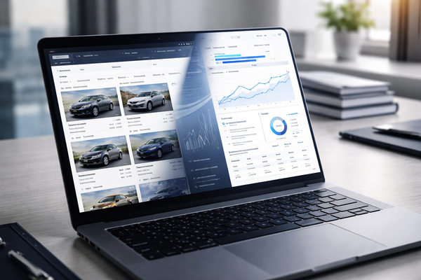 Ноутбук с интерфейсом автомобильного классифайда и финансовой аналитики — иллюстрация перехода от объявлений к финтех-платформе в автобизнесе