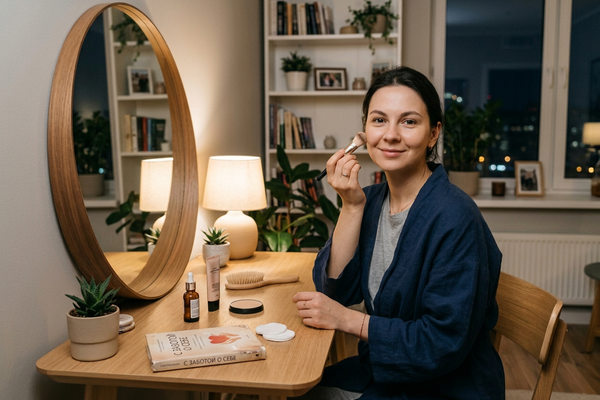 Женщина наносит макияж дома перед зеркалом как часть вечернего ритуала заботы о себе