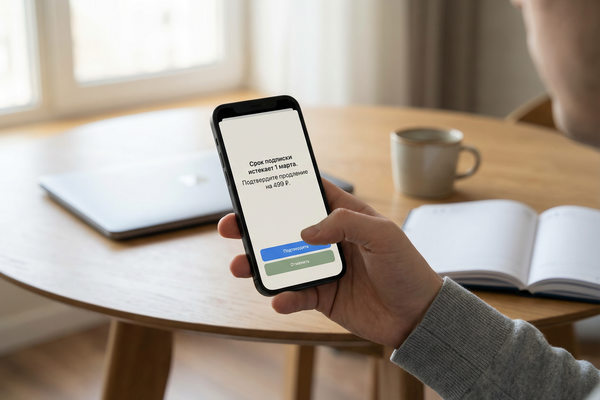 Смартфон с уведомлением о продлении онлайн-подписки и кнопками «Подтвердить» и «Отменить»