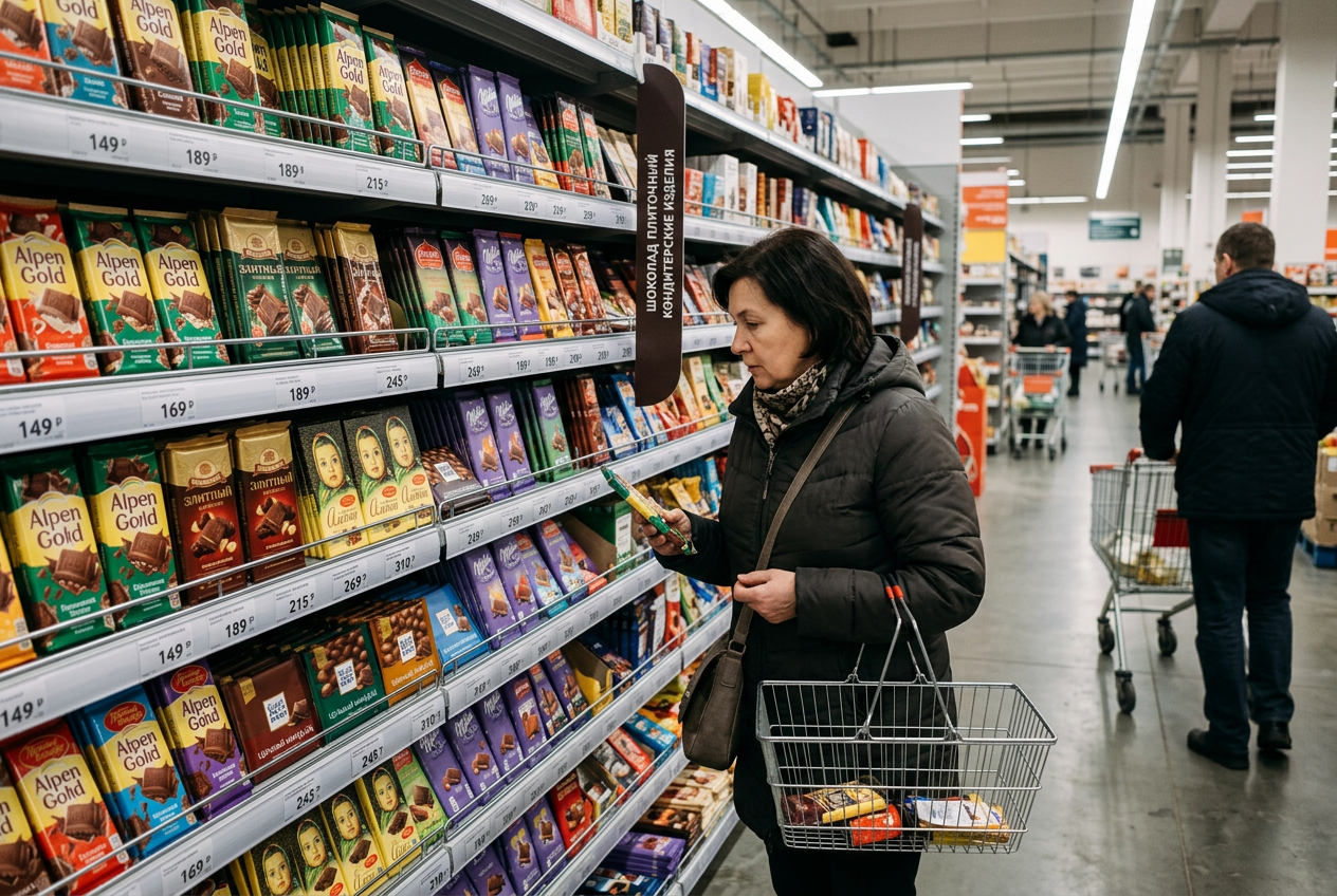 Покупатель выбирает шоколад в супермаркете и смотрит на ценники — почему шоколад не дешевеет после падения цен на какао