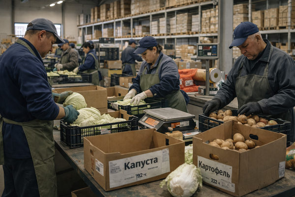 сортировка овощей на агроагрегаторе в России, сотрудники фасуют капусту и картофель для поставок в ритейл