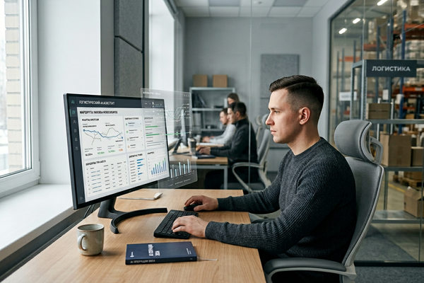сотрудник логистической компании работает с системой аналитики и интерфейсом ии агентов управление данными и процессами