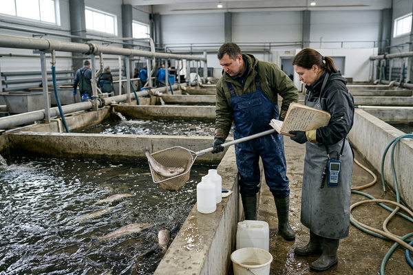 Ветеринарный осмотр форели в рыбоводческом хозяйстве на фоне бассейнов аквакультуры