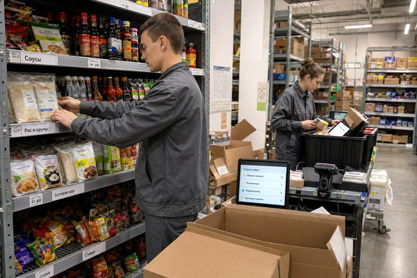 Сотрудники dark store пополняют полки азиатскими продуктами и собирают онлайн-заказы в e-grocery