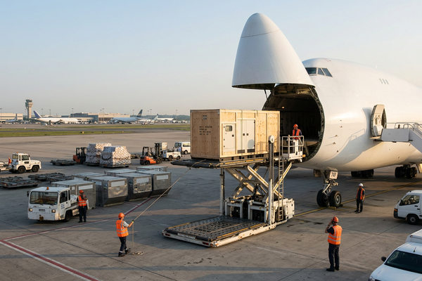 Погрузка крупногабаритного груза в грузовой самолёт на аэродроме