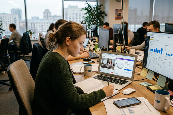 Сотрудник e-commerce компании анализирует видеообзор товара блогера на ноутбуке в офисе, параллельно работая с карточкой товара и аналитикой