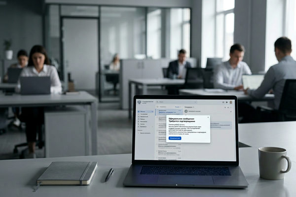 ноутбук с уведомлением цифровой почты в офисе, сотрудники на фоне, обязательная электронная переписка для бизнеса