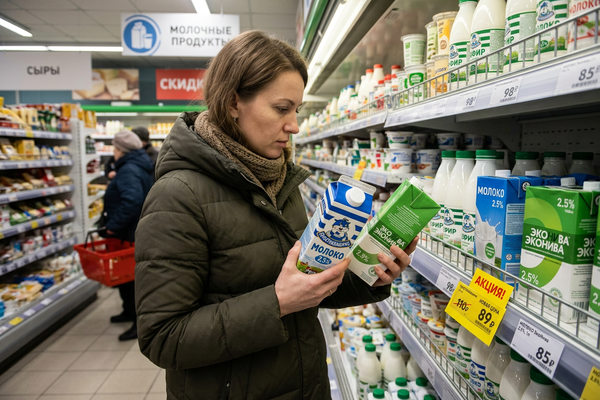 покупатель в супермаркете выбирает молочные продукты по акции, сравнение цен, снижение потребительского спроса, ритейл и логистика