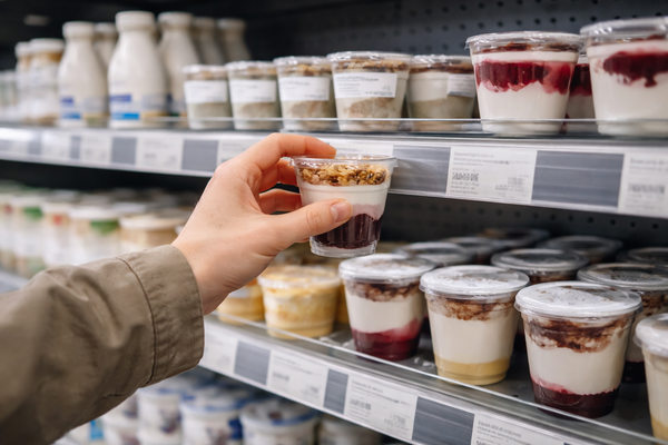 покупатель выбирает молочный десерт в магазине — рост спроса на порционные десерты и импульсные покупки в ритейле