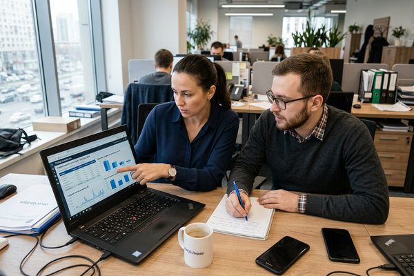 аналитики FMCG обсуждают данные продаж на ноутбуке в офисе планирование спроса и управление запасами