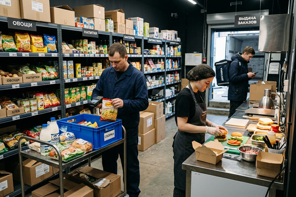 сборка продуктового заказа и приготовление горячей еды в дарксторе X5, интеграция e-grocery и доставки еды