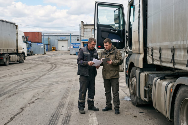 Дефицит дальнобойщиков: водитель грузовика и сотрудник перевозчика обсуждают документы у фуры на логистической базе
