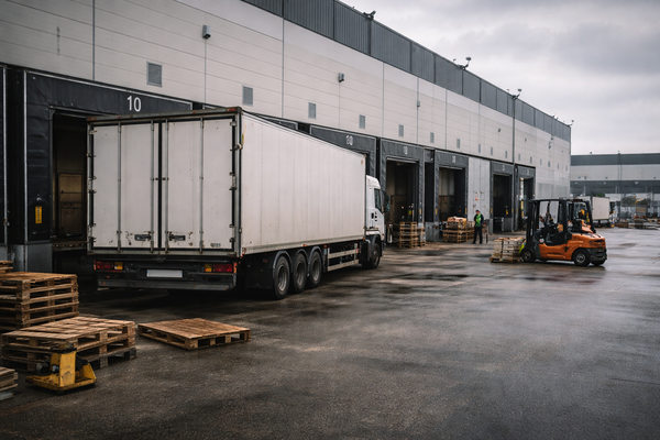 грузовик у складского терминала без активной загрузки, снижение деловой активности и заказов в логистике