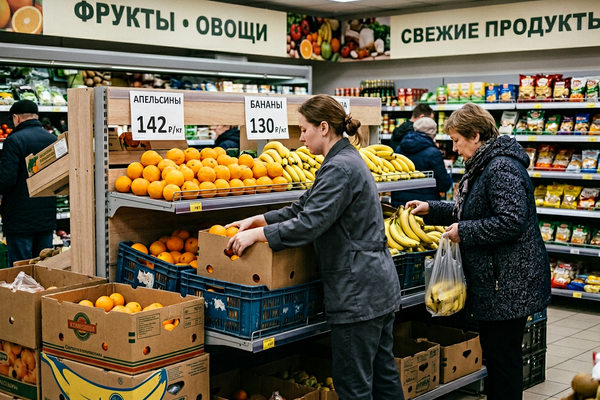 Отдел фруктов в российском супермаркете: сотрудник выкладывает апельсины и бананы с ценниками в рублях, покупатель выбирает товар