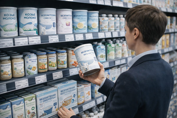 Покупатель выбирает детское питание на полке супермаркета с безлактозными и натуральными продуктами