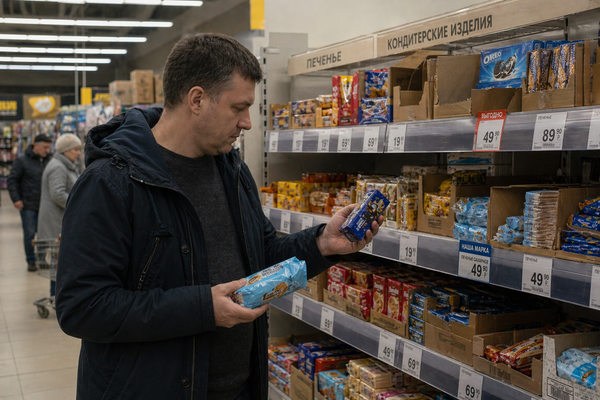 Покупатель сравнивает товары и цены в продуктовом дискаунтере в России, выбирая между брендом и СТМ на полке