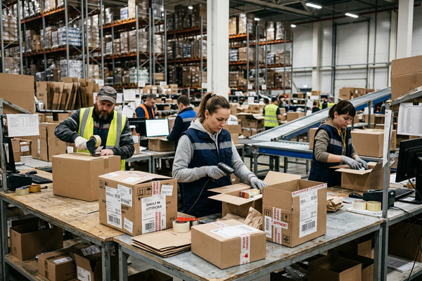 сотрудники склада маркетплейса упаковывают заказы, единая логистика разных продавцов, фулфилмент центр Россия