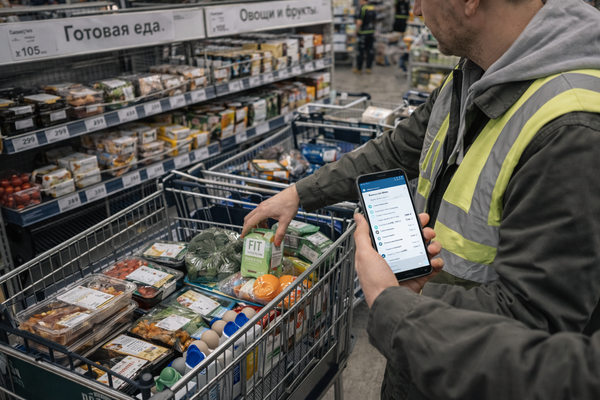 Сборщик e-grocery формирует онлайн-заказ продуктов по списку в приложении, управление спросом и фулфилмент в ритейле