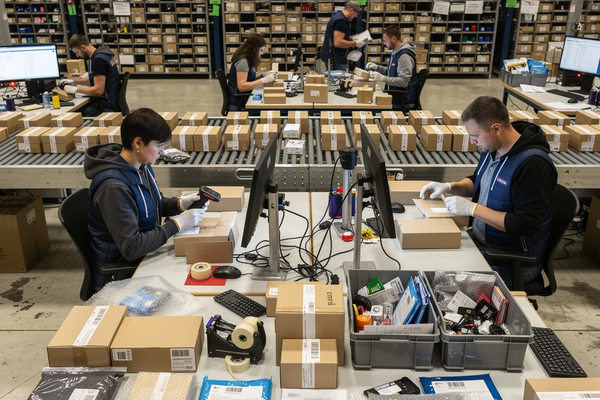 сотрудники склада собирают и упаковывают множество мелких онлайн-заказов на фулфилмент-центре, рост нагрузки в e-commerce логистике