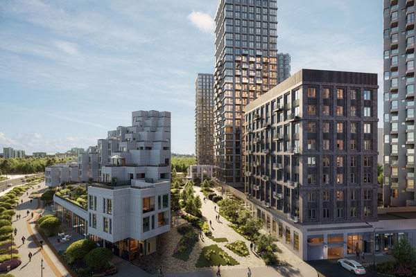 современный жилой квартал с многоэтажными зданиями и цифровой инфраструктурой управления объектом