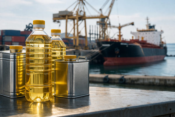 подсолнечное масло в канистрах и бутылках на фоне порта и танкера, экспорт и логистика растительных масел
