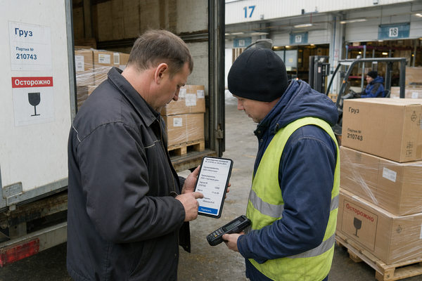 подписание электронной транспортной накладной ЭТрН водителем и сотрудником склада при погрузке грузовика