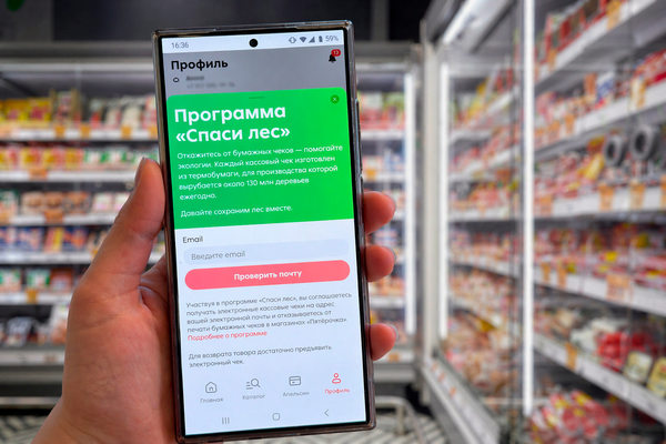 смартфон с приложением ритейлера и предложением перейти на электронный чек в магазине, цифровизация кассовых операций