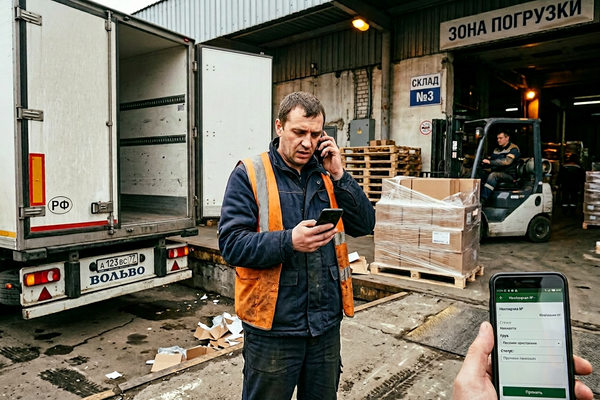 водитель грузовика оформляет электронные перевозочные документы ЭПД на складе Россия логистика ЭТрН