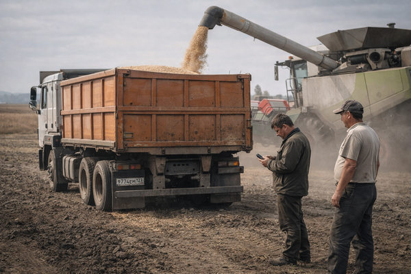загрузка зерна в грузовик в поле, водитель оформляет ЭТрН на смартфоне при слабой связи