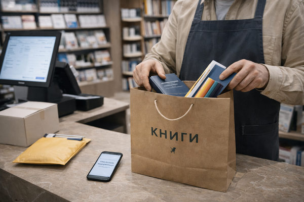 Сотрудник книжного магазина упаковывает заказ для экспресс-доставки