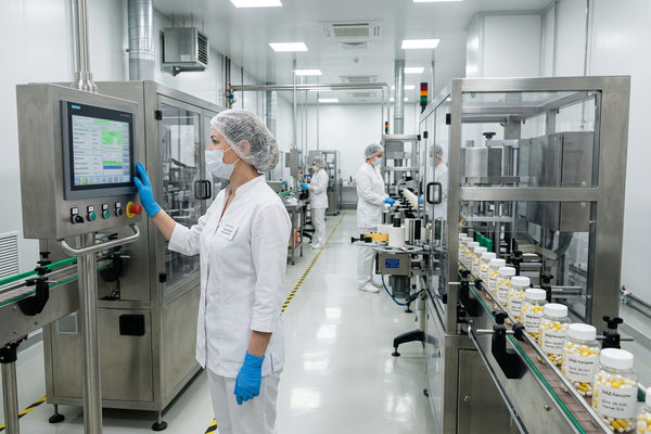 производство БАДов на заводе в России, линия упаковки биодобавок и контроль качества