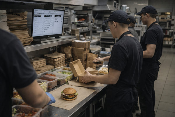 сотрудники кухни фастфуда собирают заказы на линии, рост выручки и издержек в ресторанах быстрого питания