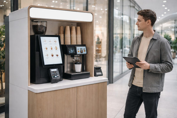 автоматизированная кофейная точка и предприниматель с планшетом — пример недорогой франшизы и компактного формата ритейла