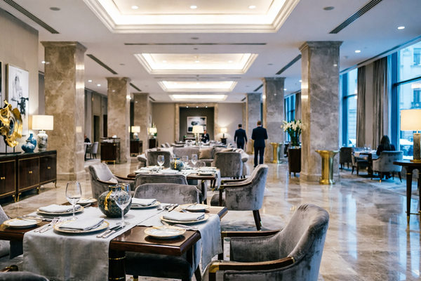 пустой ресторан в премиальном отеле Москвы, низкая загрузка гостиниц, снижение спроса и доходности отелей
