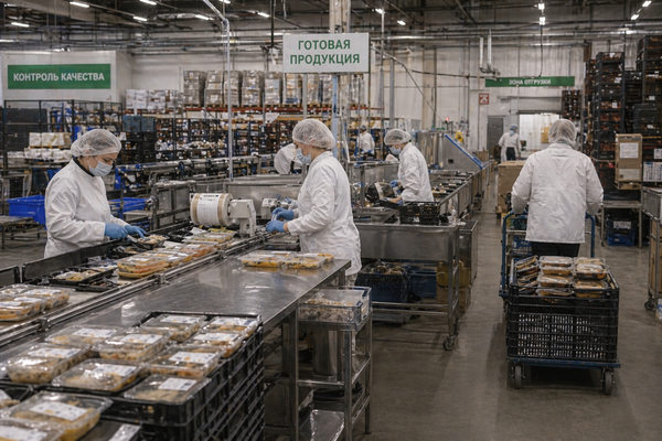 производство готовой еды в распределительном центре ритейла, упаковка блюд и логистика FMCG