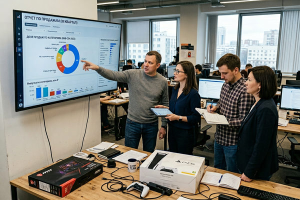Команда e-commerce анализирует структуру спроса на игровые ноутбуки и приставки в офисе, дашборд продаж на экране