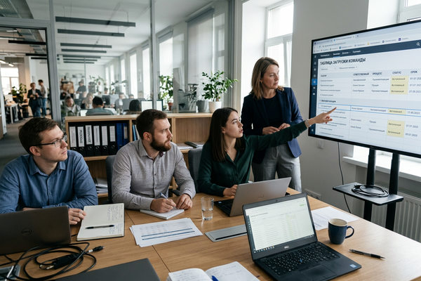 Команда в офисе обсуждает автоматизацию процессов и использование ИИ для решения кадрового дефицита