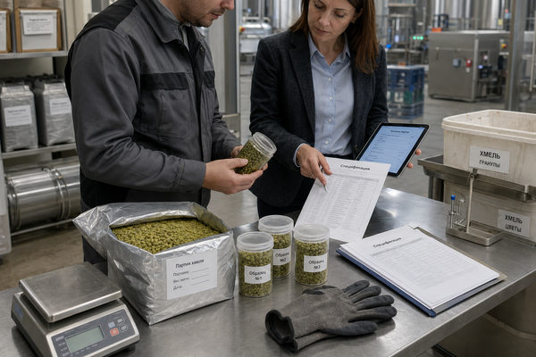 Технолог и специалист по закупкам проверяют образцы хмеля и спецификацию партии на пивоваренном производстве