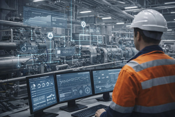 инженер управляет промышленным оборудованием через цифровые панели и систему мониторинга