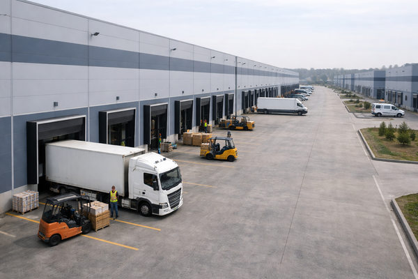 индустриальный складской комплекс с погрузкой товаров и грузовиками, развитие индустриальной недвижимости и логистики в России