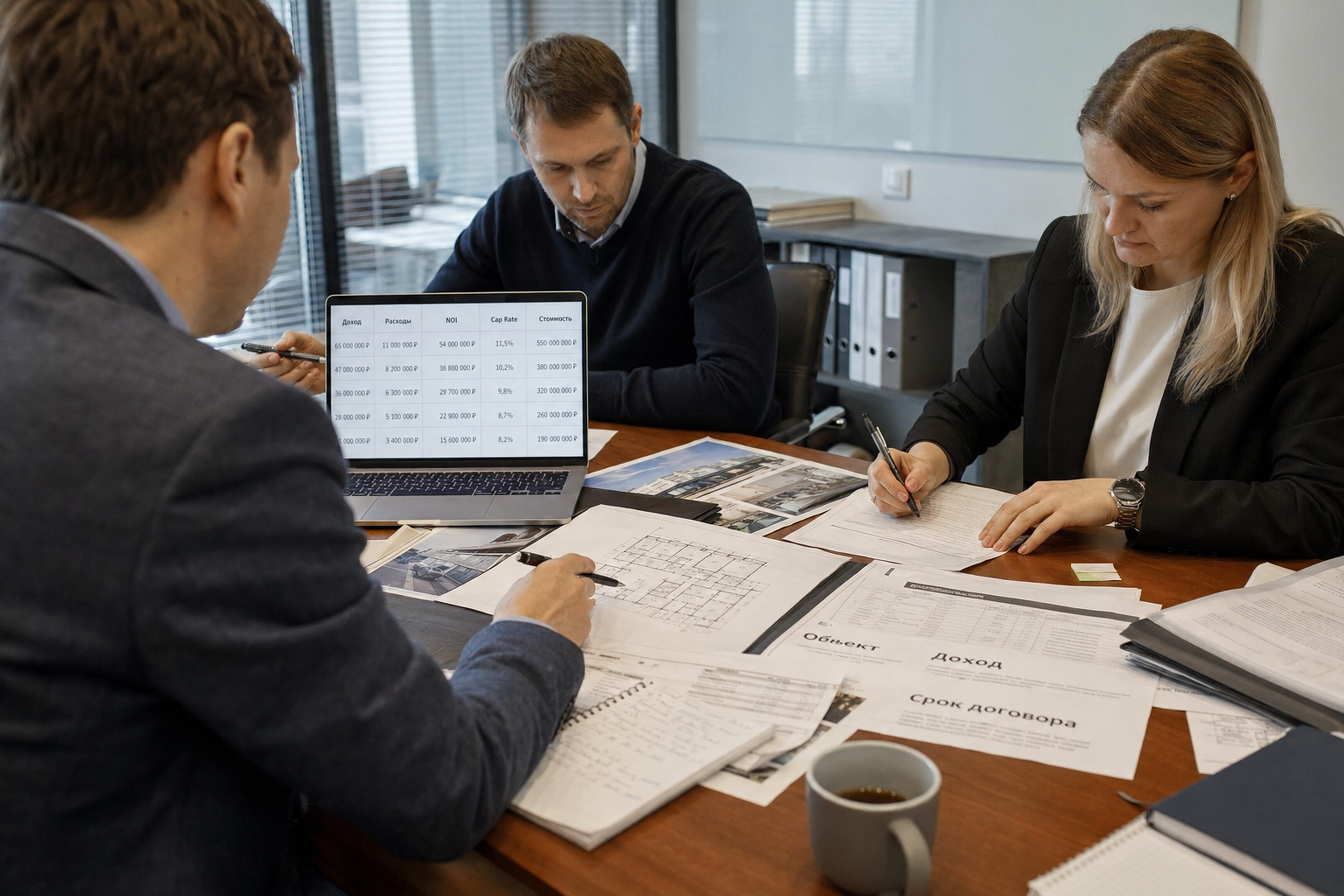 Обсуждение инвестиционной сделки с коммерческой недвижимостью в офисе, документы по объекту и финансовая модель на ноутбуке